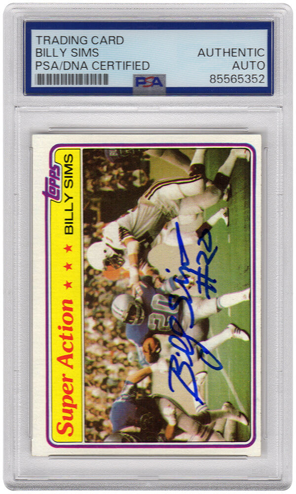 Billy Sims Signed Detroit Lions 1981 Topps Super Action Football Trading Card #473 - (PSA Encapsulated) - SIMCAR308 - Billy Sims Signed Detroit Lions 1981 Topps Super Action Football Trading Card #473 - (PSA Encapsulated) product image