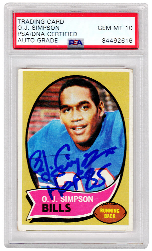 O.J. Simpson Signed Buffalo Bills 1970 Topps Rookie Card #90 w/HOF'85 (PSA/DNA Encapsulated - Auto Grade 10) - SIMCAR313 - O.J. Simpson Signed Buffalo Bills 1970 Topps Rookie Card #90 w/HOF'85 (PSA/DNA Encapsulated - Auto Grade 10) product image