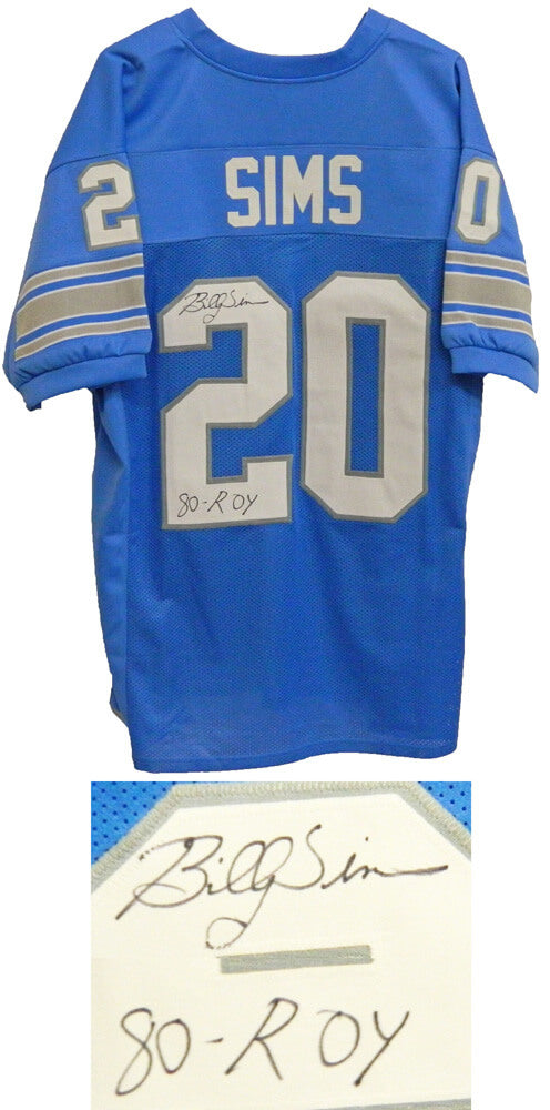 Billy Sims Signed Blue Throwback Custom Football Jersey w/80 ROY - SIMJRY300 - Billy Sims Signed Blue Throwback Custom Football Jersey w/80 ROY product image