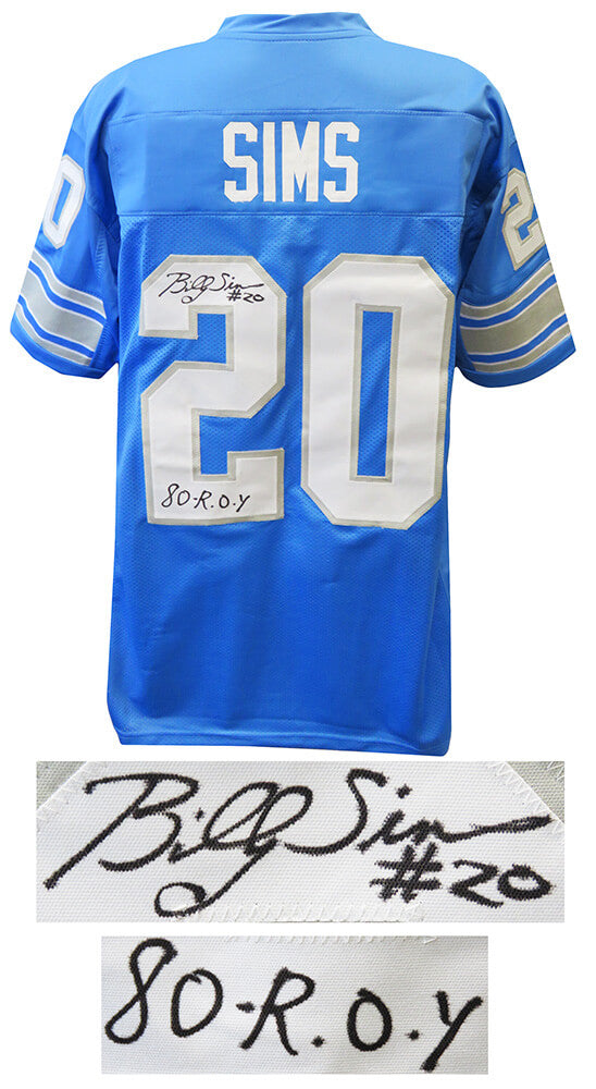 Billy Sims Signed Blue T/B Custom Football Jersey w/80 ROY - SIMJRY303 - Billy Sims Signed Blue T/B Custom Football Jersey w/80 ROY product image