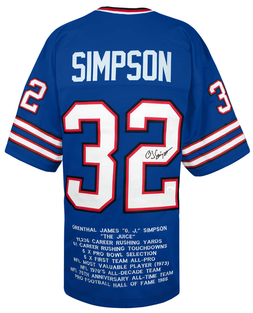 O.J. Simpson Signed Blue Throwback Embroidered Stat Custom Football Jersey - (JSA COA) - SIMJRY322 - O.J. Simpson Signed Blue Throwback Embroidered Stat Custom Football Jersey - (JSA COA) product image