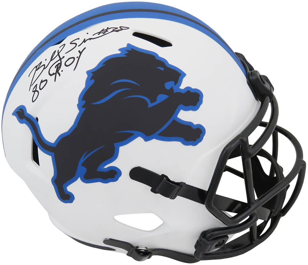 Billy Sims Signed Detroit Lions Lunar Eclipse White Matte Riddell Full Size Speed Replica Helmet w/80 ROY - SIMREP350 - Billy Sims Signed Detroit Lions Lunar Eclipse White Matte Riddell Full Size Speed Replica Helmet w/80 ROY product image