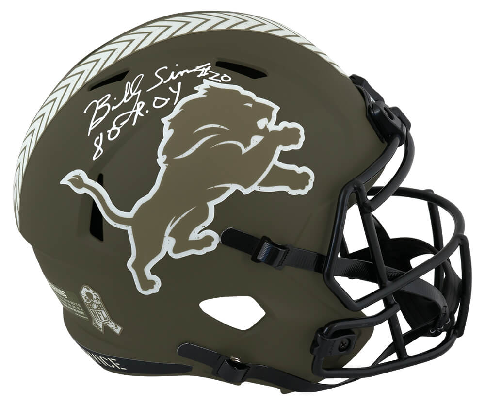 Billy Sims Signed Detroit Lions Salute to Service Riddell Full Size Speed Replica Helmet w/80 ROY - SIMREP351 - Billy Sims Signed Detroit Lions Salute to Service Riddell Full Size Speed Replica Helmet w/80 ROY product image