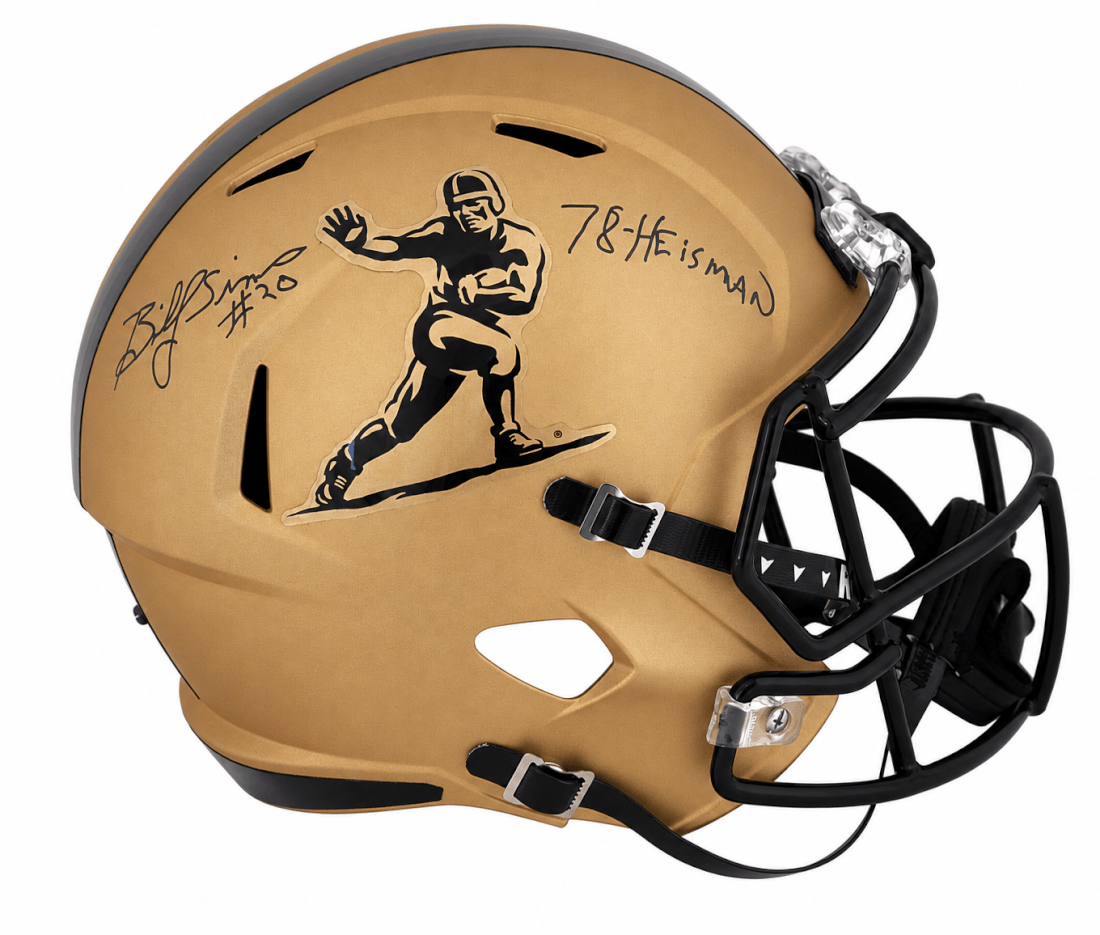 Billy SIms Signed Heisman Trophy Logo Gold Riddell Full Size Speed Replica Helmet w/78 Heisman - SIMREP356 - Billy SIms Signed Heisman Trophy Logo Gold Riddell Full Size Speed Replica Helmet w/78 Heisman product image