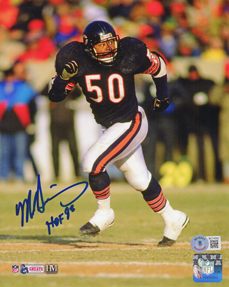 Mike Singletary Signed Chicago Bears Navy Jersey Action 8x10 Photo w/HOF'98 (Beckett) - SIN08P311 - Mike Singletary Signed Chicago Bears Navy Jersey Action 8x10 Photo w/HOF'98 (Beckett) product image
