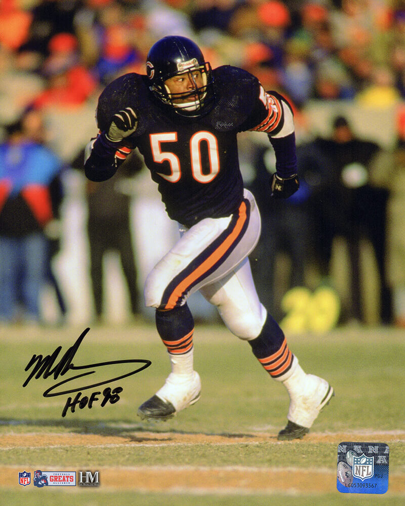 Mike Singletary Signed Chicago Bears Navy Jersey Action 8x10 Photo w/HOF'98 (In Black) - SIN08P313 - Mike Singletary Signed Chicago Bears Navy Jersey Action 8x10 Photo w/HOF'98 (In Black) product image