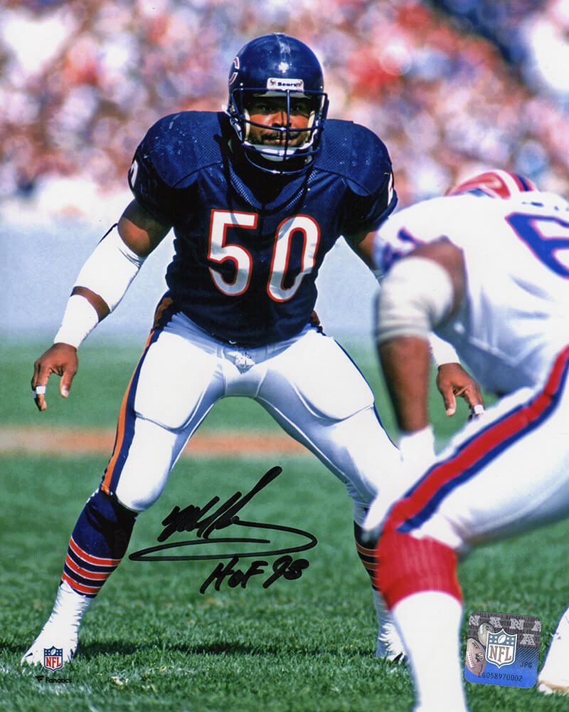 Mike Singletary Signed Chicago Bears vs Bills Action 8x10 Photo w/HOF'98 (In Black) - SIN08P314 - Mike Singletary Signed Chicago Bears vs Bills Action 8x10 Photo w/HOF'98 (In Black) product image