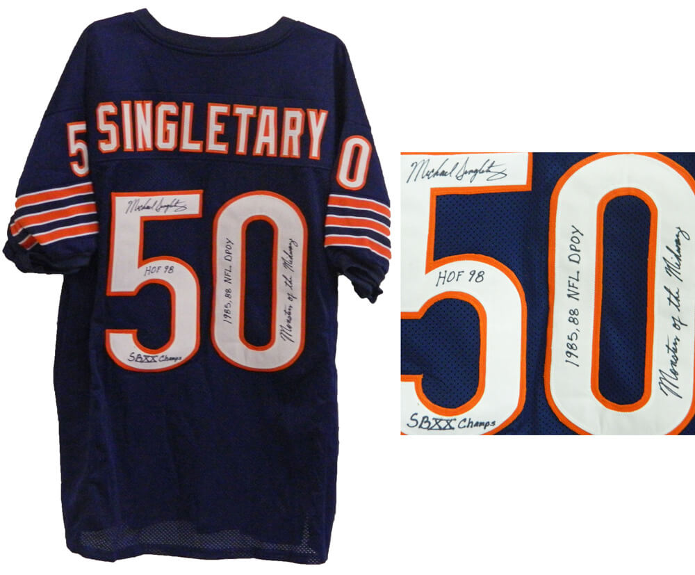 Mike Singletary Signed Navy Custom Throwback STAT Jersey w/4 Inscriptions - SINJRY307 - Mike Singletary Signed Navy Custom Throwback STAT Jersey w/4 Inscriptions product image