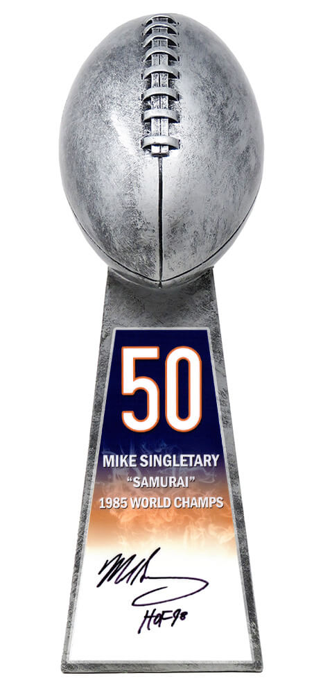 Mike Singletary Signed Football World Champion 15 Inch Rep Silver Trophy With #50 Sticker w/HOF'98 - SINTRO306 - Mike Singletary Signed Football World Champion 15 Inch Rep Silver Trophy With #50 Sticker w/HOF'98 product image