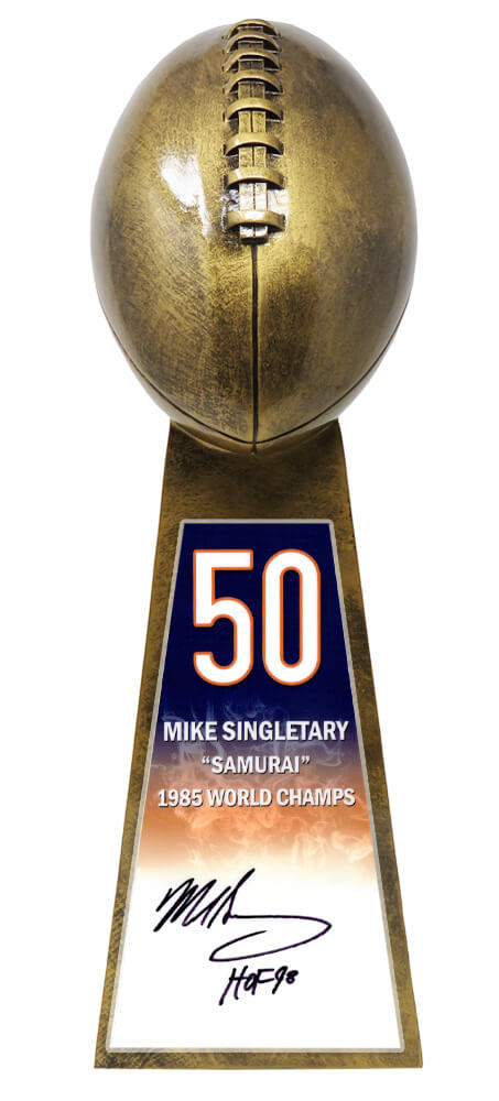 Mike Singletary Signed Football World Champion 15 Inch Rep Gold Trophy With #50 Sticker w/HOF'98 - SINTRO307 - Mike Singletary Signed Football World Champion 15 Inch Rep Gold Trophy With #50 Sticker w/HOF'98 product image