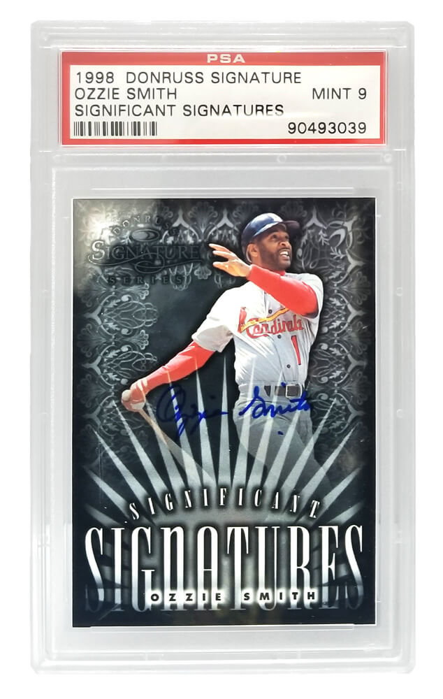 Ozzie Smith Signed St Louis Cardinals 1998 Donruss Signature Series Trading Card (Mint 9) - (PSA Encapsulated) - SMICAR102 - Ozzie Smith Signed St Louis Cardinals 1998 Donruss Signature Series Trading Card (Mint 9) - (PSA Encapsulated) product image