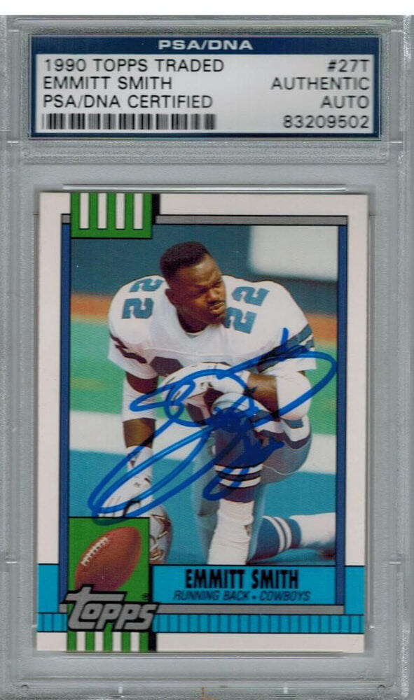Emmitt Smith Signed Cowboys 1990 Topps Traded Rookie Card #27T PSA - SMICAR301 - Emmitt Smith Signed Cowboys 1990 Topps Traded Rookie Card #27T PSA product image