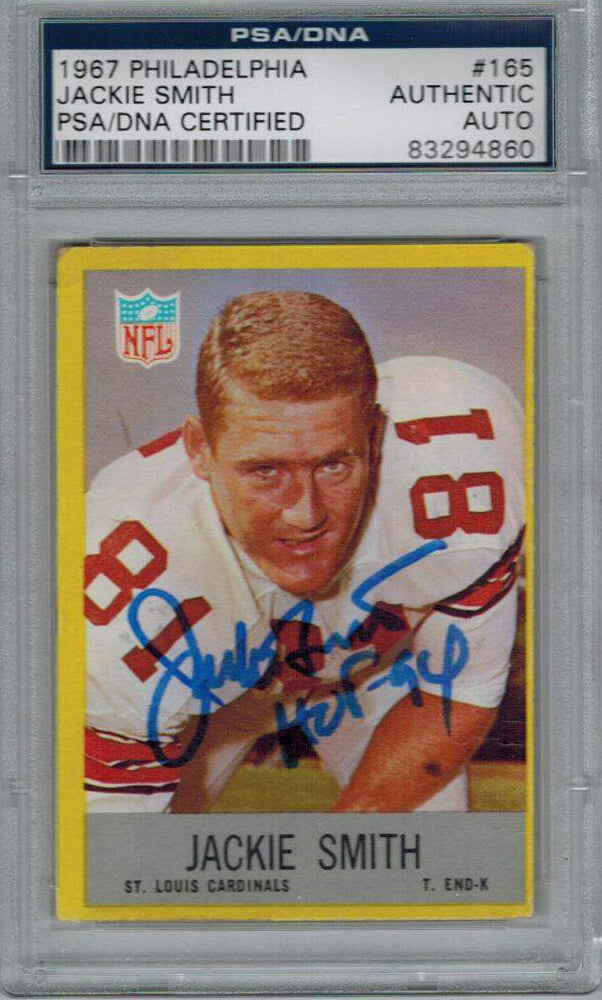 Jackie Smith Signed Cardinals 1967 Philadelphia Rookie Card #165 w/HOF'94 PSA/DNA - SMICAR302 - Jackie Smith Signed Cardinals 1967 Philadelphia Rookie Card #165 w/HOF'94 PSA/DNA product image