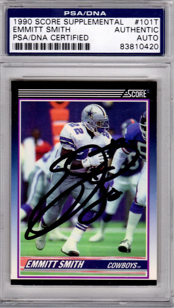Emmitt Smith Signed Dallas Cowboys 1990 Score Rookie Card #101T PSA - SMICAR304 - Emmitt Smith Signed Dallas Cowboys 1990 Score Rookie Card #101T PSA product image