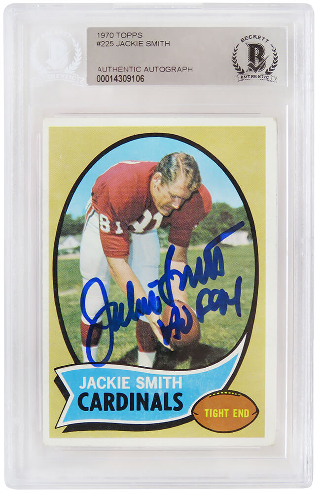 Jackie Smith Signed Cardinals 1970 Topps Football Trading Card #225 w/HOF'94 - (Beckett Encapsulated) - SMICAR331 - Jackie Smith Signed Cardinals 1970 Topps Football Trading Card #225 w/HOF'94 - (Beckett Encapsulated) product image