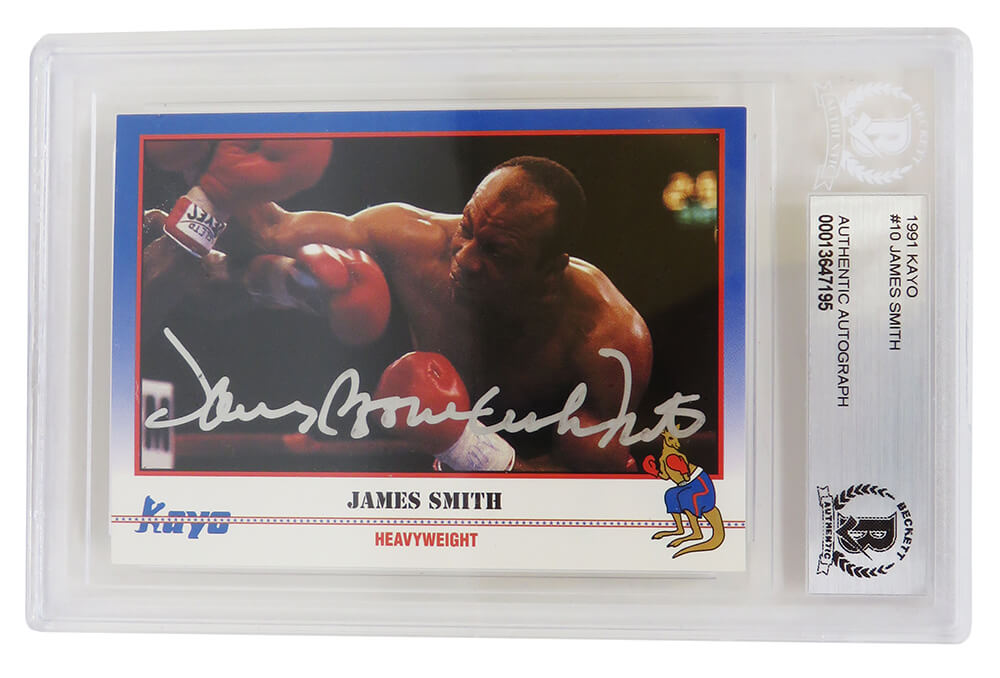 James Smith Signed 1991 Kayo Boxing Trading Card #110 w/Bonecrusher - (Beckett Encapsulated) - SMICAR501 - James Smith Signed 1991 Kayo Boxing Trading Card #110 w/Bonecrusher - (Beckett Encapsulated) product image