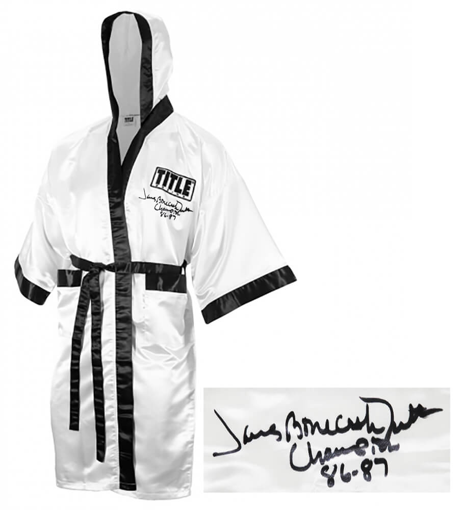 James Smith Signed Title White Full Length Boxing Robe w/Bonecrusher, Champ 86-87 - SMIROB500 - James Smith Signed Title White Full Length Boxing Robe w/Bonecrusher, Champ 86-87 product image