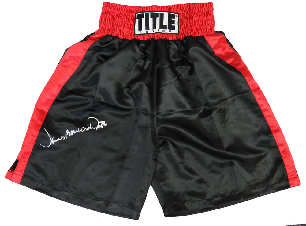 James Smith Signed Title Black With Red Trim Boxing Trunks w/Bonecrusher - SMITRU501 - James Smith Signed Title Black With Red Trim Boxing Trunks w/Bonecrusher product image