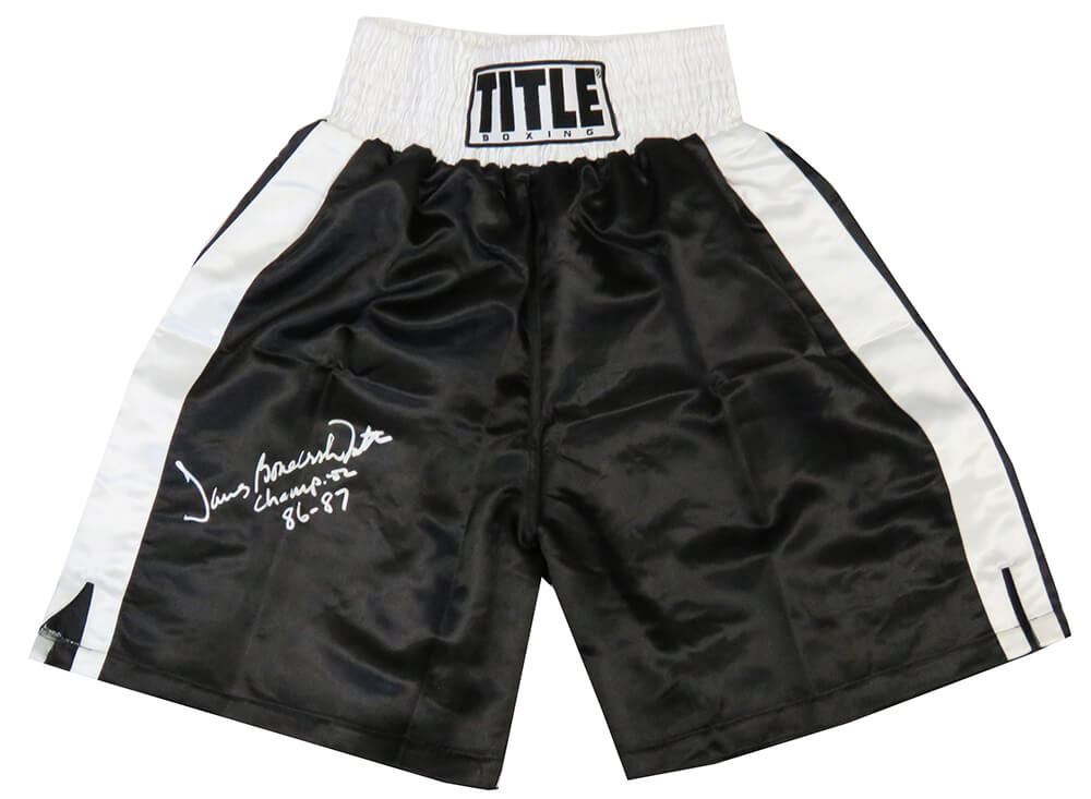 James Smith Signed Title Black With White Trim Boxing Trunks w/Bonecrusher, Champion 86-87 - SMITRU502 - James Smith Signed Title Black With White Trim Boxing Trunks w/Bonecrusher, Champion 86-87 product image