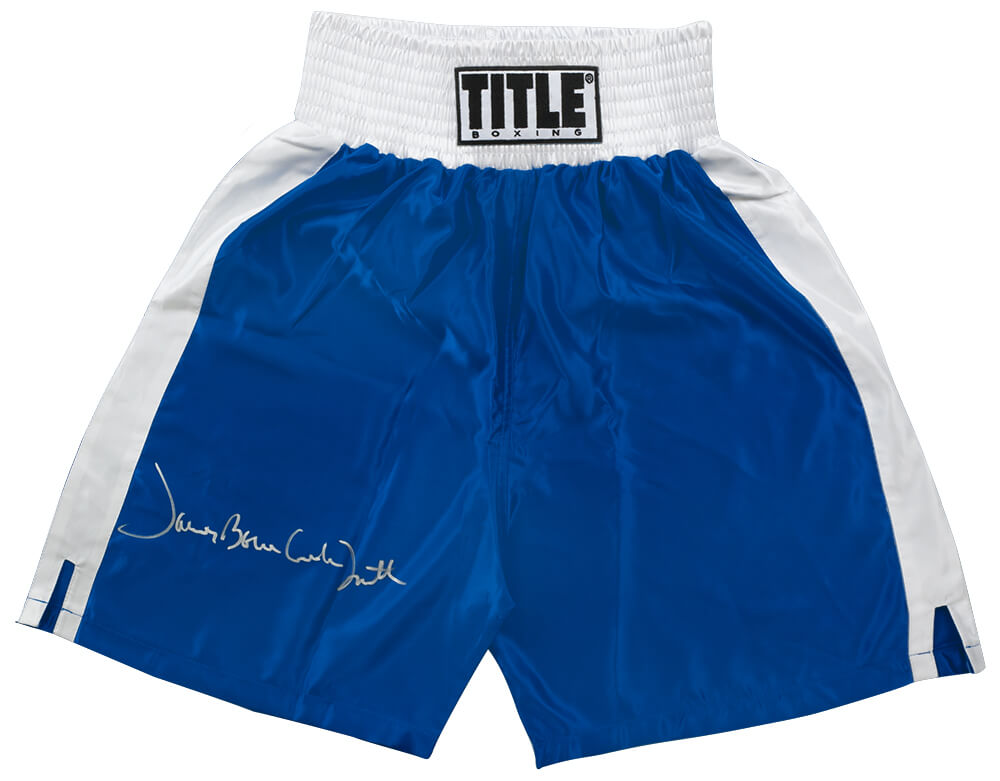 James 'Bonecrusher' Smith Signed Title Blue With White Trim Boxing Trunks - SMITRU503 - James 'Bonecrusher' Smith Signed Title Blue With White Trim Boxing Trunks product image