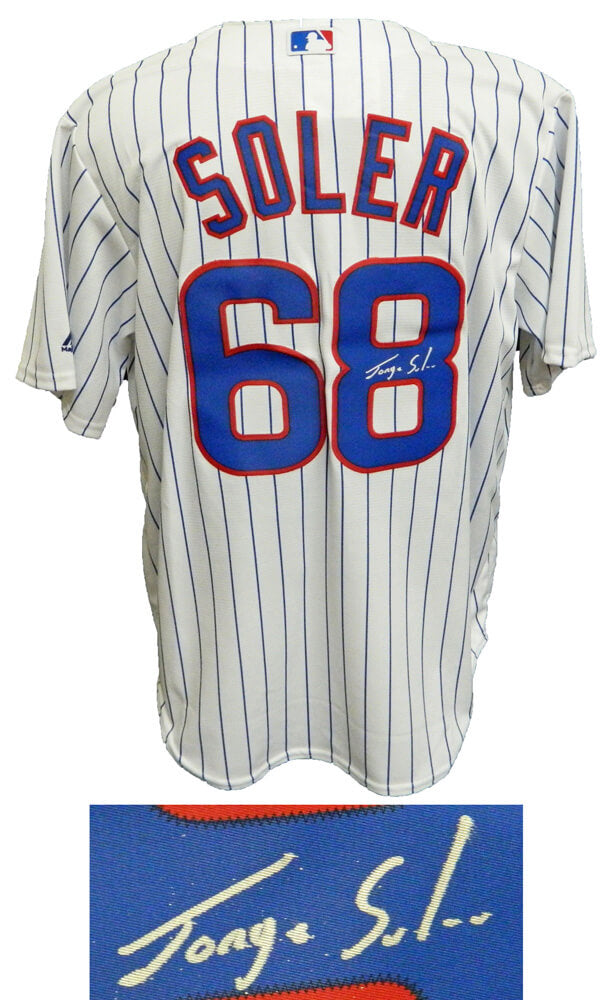 Jorge Soler Signed Chicago Cubs White Pinstripe Majestic Replica Jersey - SOLJRY103 - Jorge Soler Signed Chicago Cubs White Pinstripe Majestic Replica Jersey product image