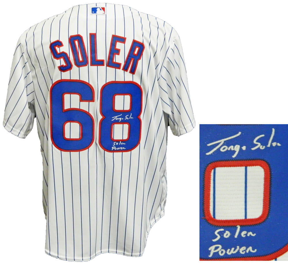 Jorge Soler Signed Chicago Cubs White Pinstripe Majestic Replica Jersey w/Soler Power - SOLJRY104 - Jorge Soler Signed Chicago Cubs White Pinstripe Majestic Replica Jersey w/Soler Power product image