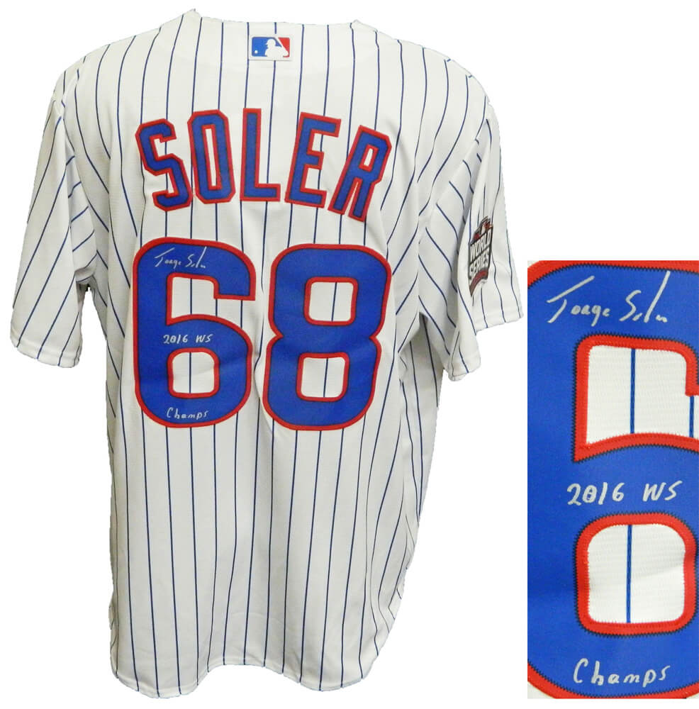 Jorge Soler Signed Chicago Cubs White Pinstripe 2016 World Series Patch Jersey w/2016 WS Champs - SOLJRY105 - Jorge Soler Signed Chicago Cubs White Pinstripe 2016 World Series Patch Jersey w/2016 WS Champs product image