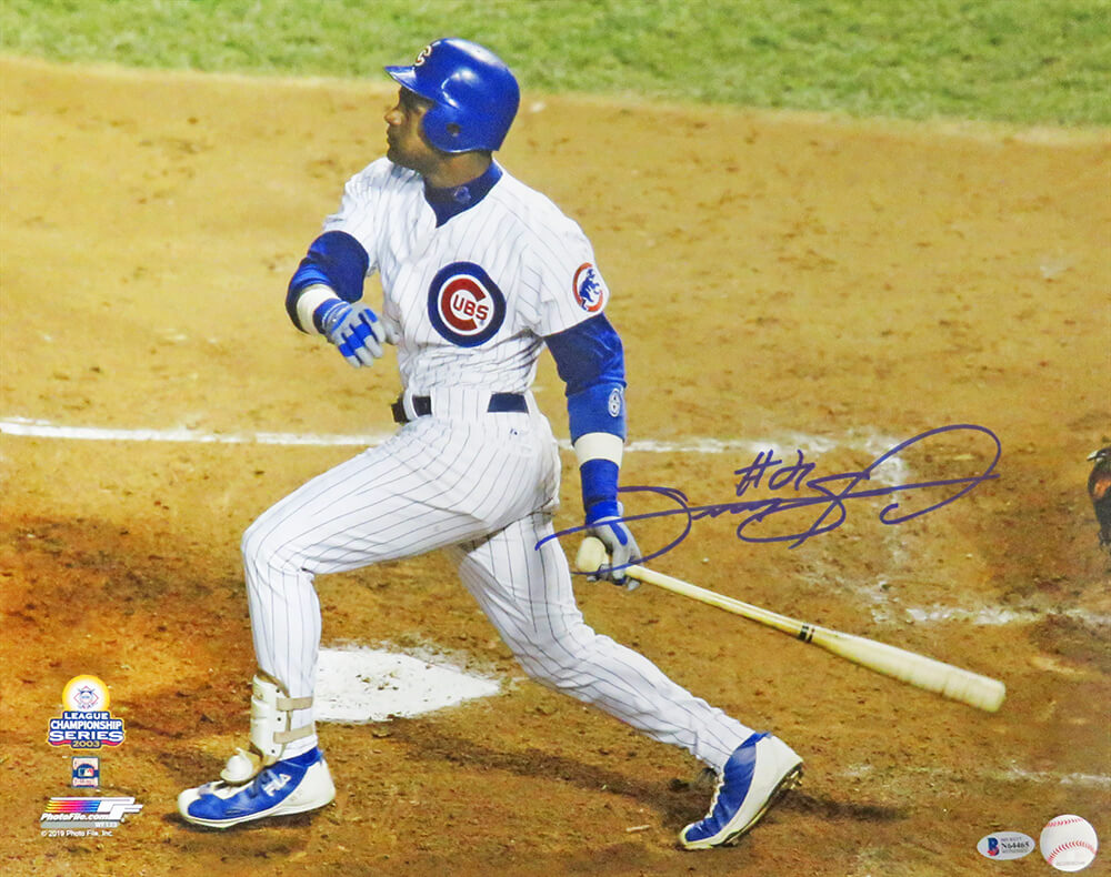 Sammy Sosa Signed Chicago Cubs 2003 NLCS Swinging Action 16x20 Photo (Beckett) - SOS16P100 - Sammy Sosa Signed Chicago Cubs 2003 NLCS Swinging Action 16x20 Photo (Beckett) product image