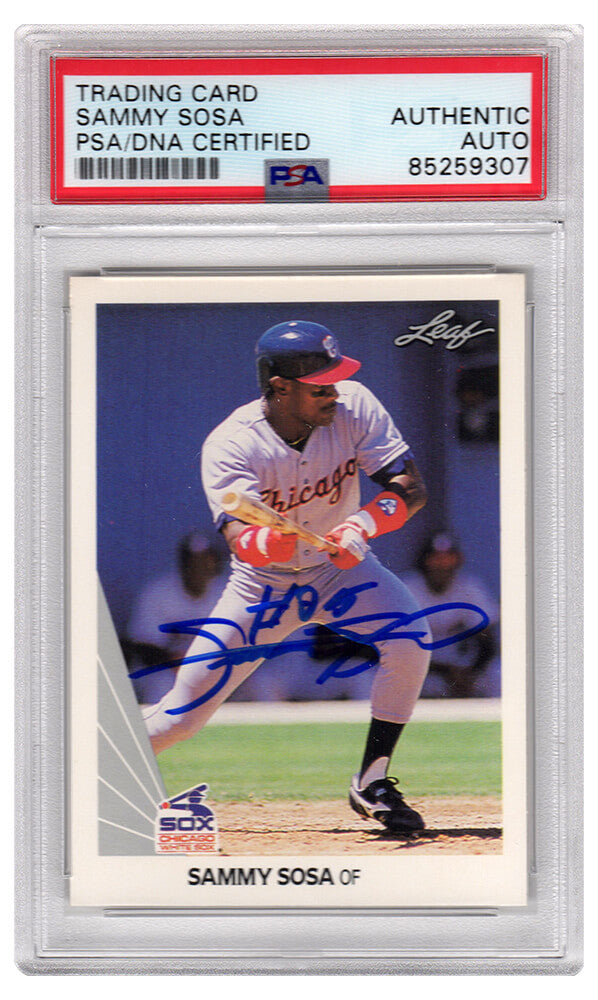 Sammy Sosa Signed Chicago White Sox 1990 Leaf Baseball Trading Card #220 - (PSA Encapsulated) - SOSCAR101 - Sammy Sosa Signed Chicago White Sox 1990 Leaf Baseball Trading Card #220 - (PSA Encapsulated) product image