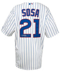 Sammy Sosa Signed Chicago Cubs White Pinstripe Majestic Replica Baseball Jersey - SOSJRY100 - Sammy Sosa Signed Chicago Cubs White Pinstripe Majestic Replica Baseball Jersey product image