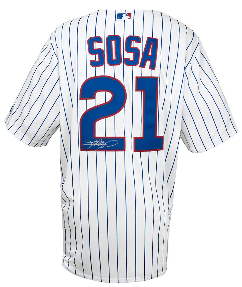 Sammy Sosa Signed Chicago Cubs White Pinstripe Majestic Replica Baseball Jersey - SOSJRY100 - Sammy Sosa Signed Chicago Cubs White Pinstripe Majestic Replica Baseball Jersey product image