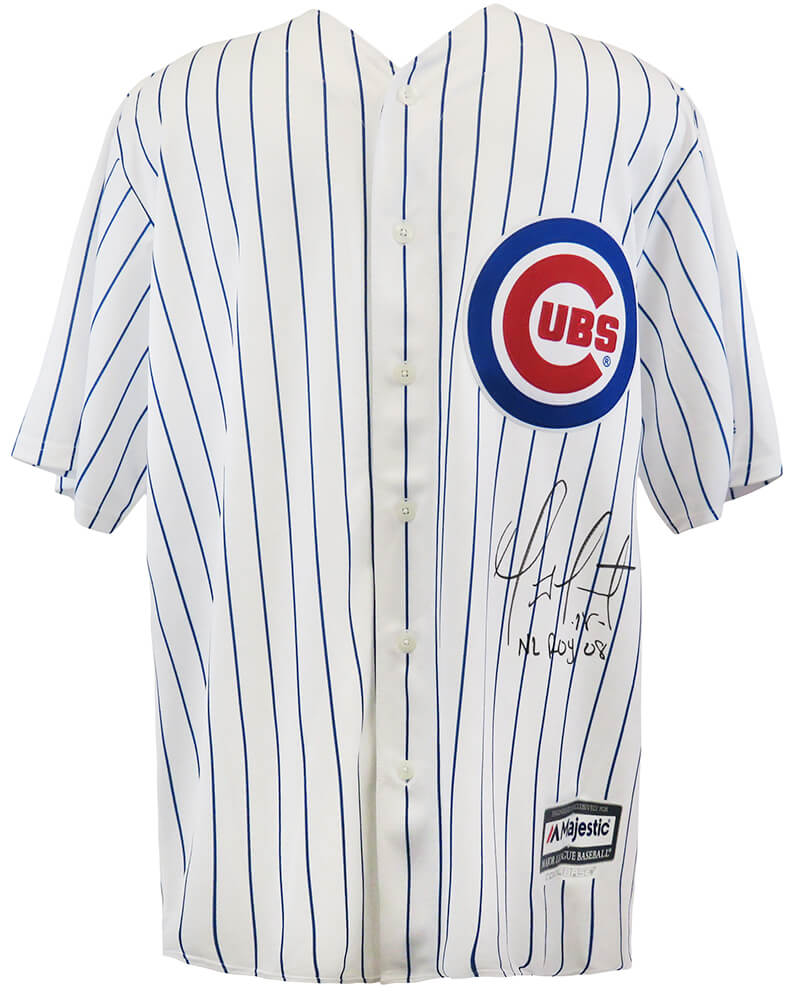 Geovany Soto Signed Chicag Cubs White Pinstripe Majestic Replica Baseball Jersey w/NL ROY 08 - SOTJRY100 - Geovany Soto Signed Chicag Cubs White Pinstripe Majestic Replica Baseball Jersey w/NL ROY 08 product image