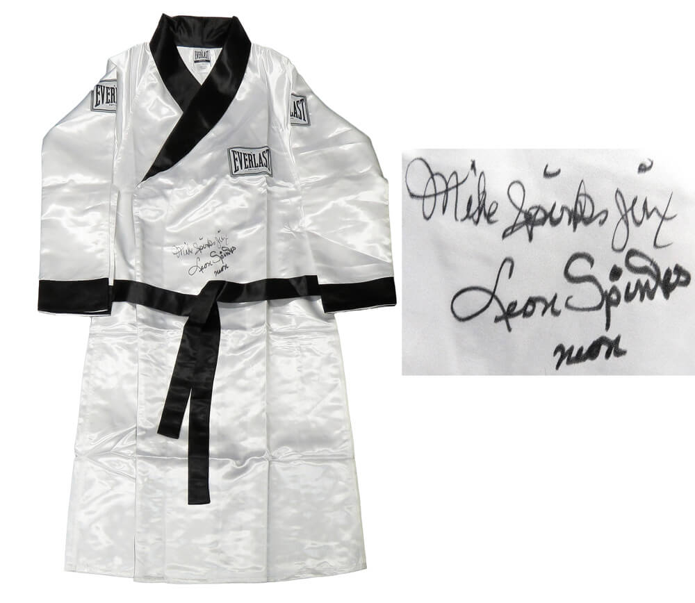 Leon Spinks & Michael (Mike) Spinks Dual Signed Everlast White Boxing Robe w/Neon, Jinx - SPIROB500 - Leon Spinks & Michael (Mike) Spinks Dual Signed Everlast White Boxing Robe w/Neon, Jinx product image