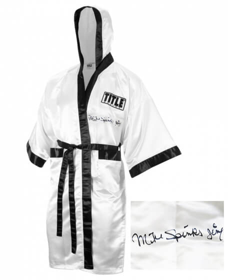 Michael (Mike) Spinks Signed Title White Boxing Robe w/Jinx - SPIROB510 - Michael (Mike) Spinks Signed Title White Boxing Robe w/Jinx product image