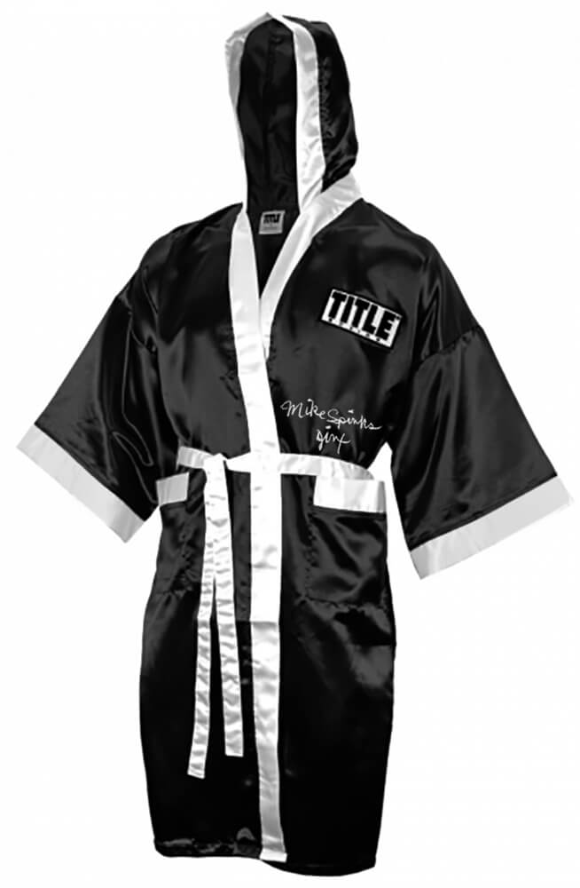 Michael (Mike) Spinks Signed Title Black With White Trim Boxing Robe w/Jinx - SPIROB511 - Michael (Mike) Spinks Signed Title Black With White Trim Boxing Robe w/Jinx product image