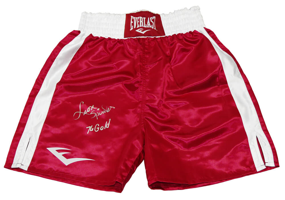 Leon Spinks Signed Everlast Red Boxing Trunks w/76 Gold - SPITRU503 - Leon Spinks Signed Everlast Red Boxing Trunks w/76 Gold product image