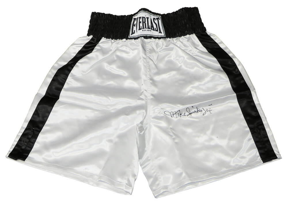 Michael (Mike) Spinks Signed Everlast White Boxing Trunks w/Jinx - SPITRU510 - Michael (Mike) Spinks Signed Everlast White Boxing Trunks w/Jinx product image