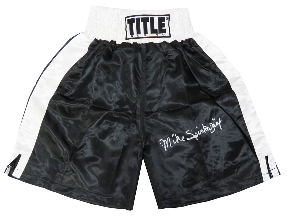 Michael (Mike) Spinks Signed Title Black With White Trim Boxing Trunks w/Jinx - SPITRU513 - Michael (Mike) Spinks Signed Title Black With White Trim Boxing Trunks w/Jinx product image