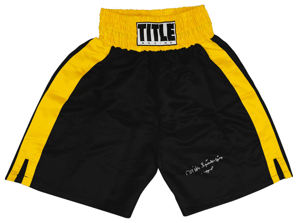 Michael (Mike) Spinks Signed Title Black With Gold Trim Boxing Trunks w/Jinx - SPITRU514 - Michael (Mike) Spinks Signed Title Black With Gold Trim Boxing Trunks w/Jinx product image