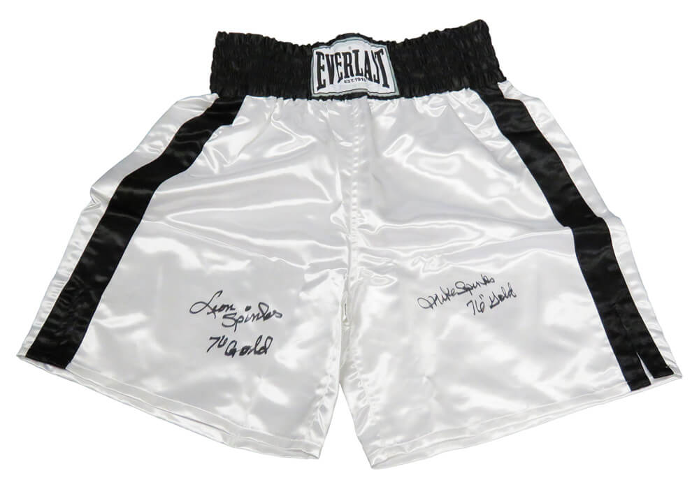 Leon Spinks & Michael (Mike) Spinks Dual Signed Everlast White Boxing Trunks w/76 Gold - SPITRU520 - Leon Spinks & Michael (Mike) Spinks Dual Signed Everlast White Boxing Trunks w/76 Gold product image