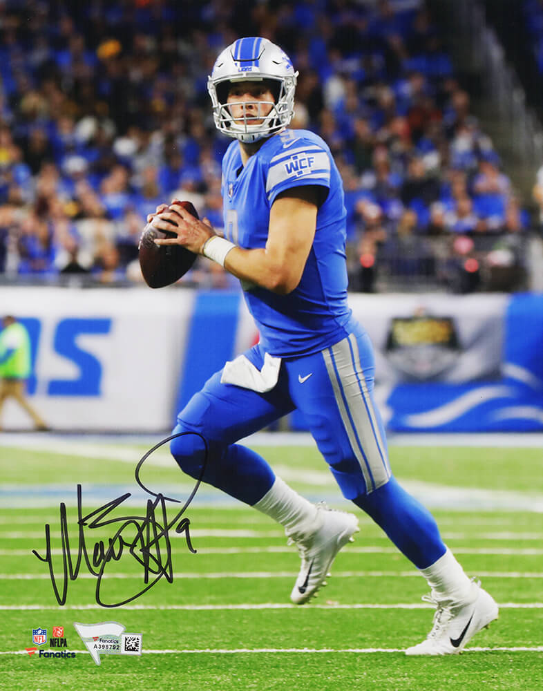 Matthew Stafford Signed Detroit Lions Blue Jersey Scrambling 8x10 Photo - (Fanatics) - STA08P314 - Matthew Stafford Signed Detroit Lions Blue Jersey Scrambling 8x10 Photo - (Fanatics) product image