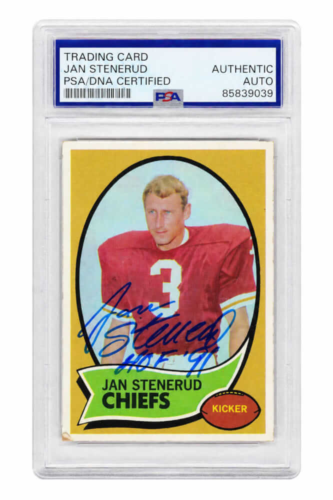 Jan Stenerud Signed Kansas City Chiefs 1970 Topps Rookie Football Card #25 w/HOF'91 - (PSA Encapsulated) - STECAR302 - Jan Stenerud Signed Kansas City Chiefs 1970 Topps Rookie Football Card #25 w/HOF'91 - (PSA Encapsulated) product image