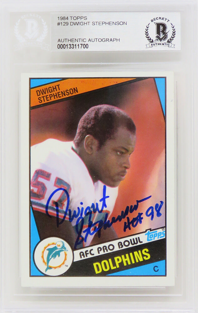 Dwight Stephenson Signed Miami Dolphins 1984 Topps Rookie Football Card #129 w/HOF'98 - (Beckett Encapsulated) - STECAR311 - Dwight Stephenson Signed Miami Dolphins 1984 Topps Rookie Football Card #129 w/HOF'98 - (Beckett Encapsulated) product image