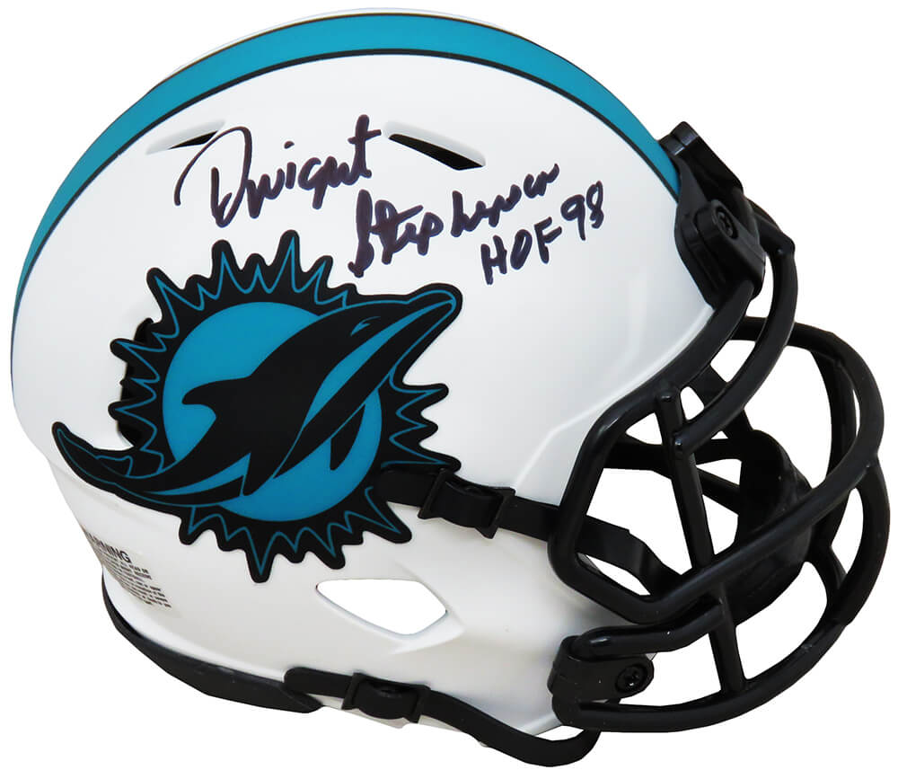 Dwight Stephenson Signed Miami Dolphins Lunar Eclipse White Matte Riddell Speed Mini Helmet w/HOF'98 - STEMIN325 - Dwight Stephenson Signed Miami Dolphins Lunar Eclipse White Matte Riddell Speed Mini Helmet w/HOF'98 product image