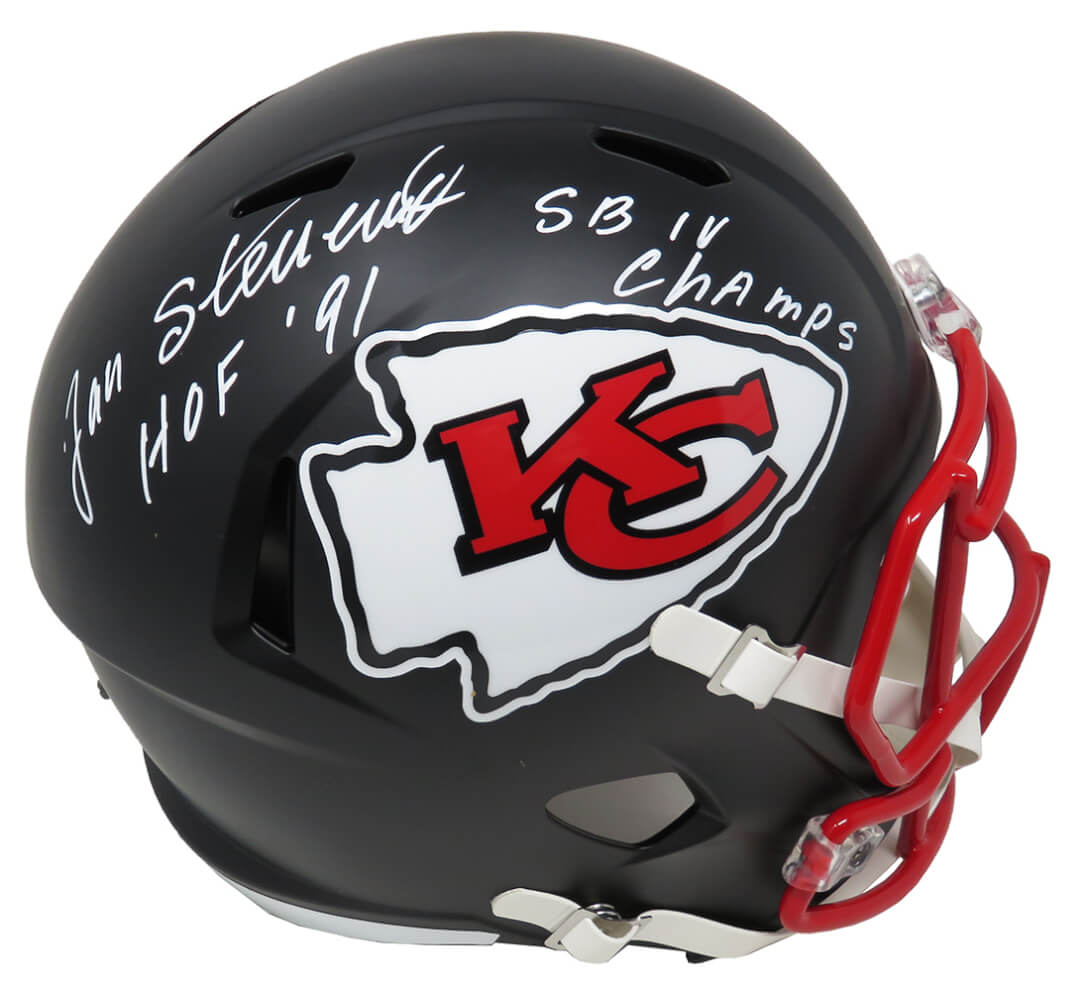 Jan Stenerud Signed Kansas  City Chiefs Flat Black Matte Riddell Speed Full Size Replica Helmet w/HOF'91, SB IV Champs - STEREP301 - Jan Stenerud Signed Kansas City Chiefs Flat Black Matte Riddell Speed Full Size Replica Helmet w/HOF'91, SB IV Champs product image