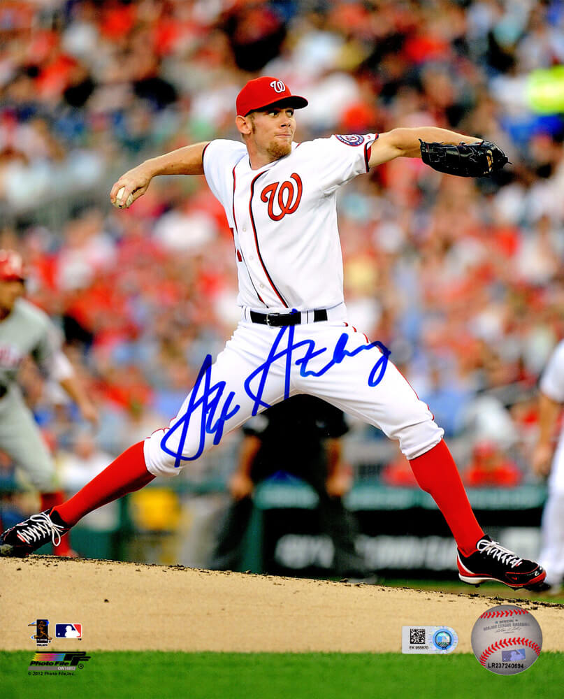 Stephen Strasburg Signed Washington Nationals White Jersey Pitching Action 8x10 Photo - STR08P124 - Stephen Strasburg Signed Washington Nationals White Jersey Pitching Action 8x10 Photo product image