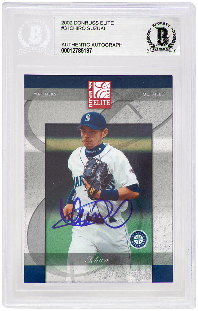 Ichiro Suzuki Signed Seattle Mariners 2002 Donruss Elite Baseball Trading Card #3  - (Beckett Encapsulated) - SUZCAR100 - Ichiro Suzuki Signed Seattle Mariners 2002 Donruss Elite Baseball Trading Card #3 - (Beckett Encapsulated) product image