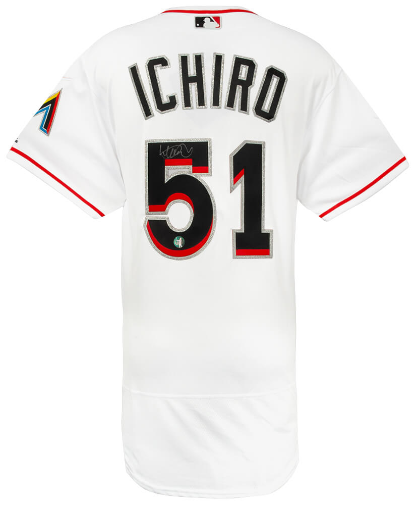 Ichiro Suzuki Signed Miami Marlins White Majestic Authentic Flex Base Baseball Jersey - (Ichiro Hologram) - SUZJRY100 - Ichiro Suzuki Signed Miami Marlins White Majestic Authentic Flex Base Baseball Jersey - (Ichiro Hologram) product image
