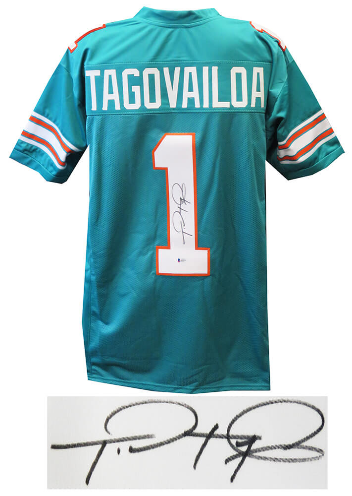 Tua Tagovailoa Signed Teal Custom Football Jersey (Beckett) - TAGJRY301 - Tua Tagovailoa Signed Teal Custom Football Jersey (Beckett) product image
