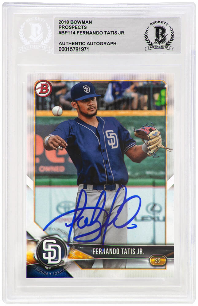 Fernando Tatis Jr. Signed San Diego Padres 2018 Bowman Prospects Baseball Trading Card #BP114 - (Beckett Encapsulated) - TATCAR101 - Fernando Tatis Jr. Signed San Diego Padres 2018 Bowman Prospects Baseball Trading Card #BP114 - (Beckett Encapsulated) product image